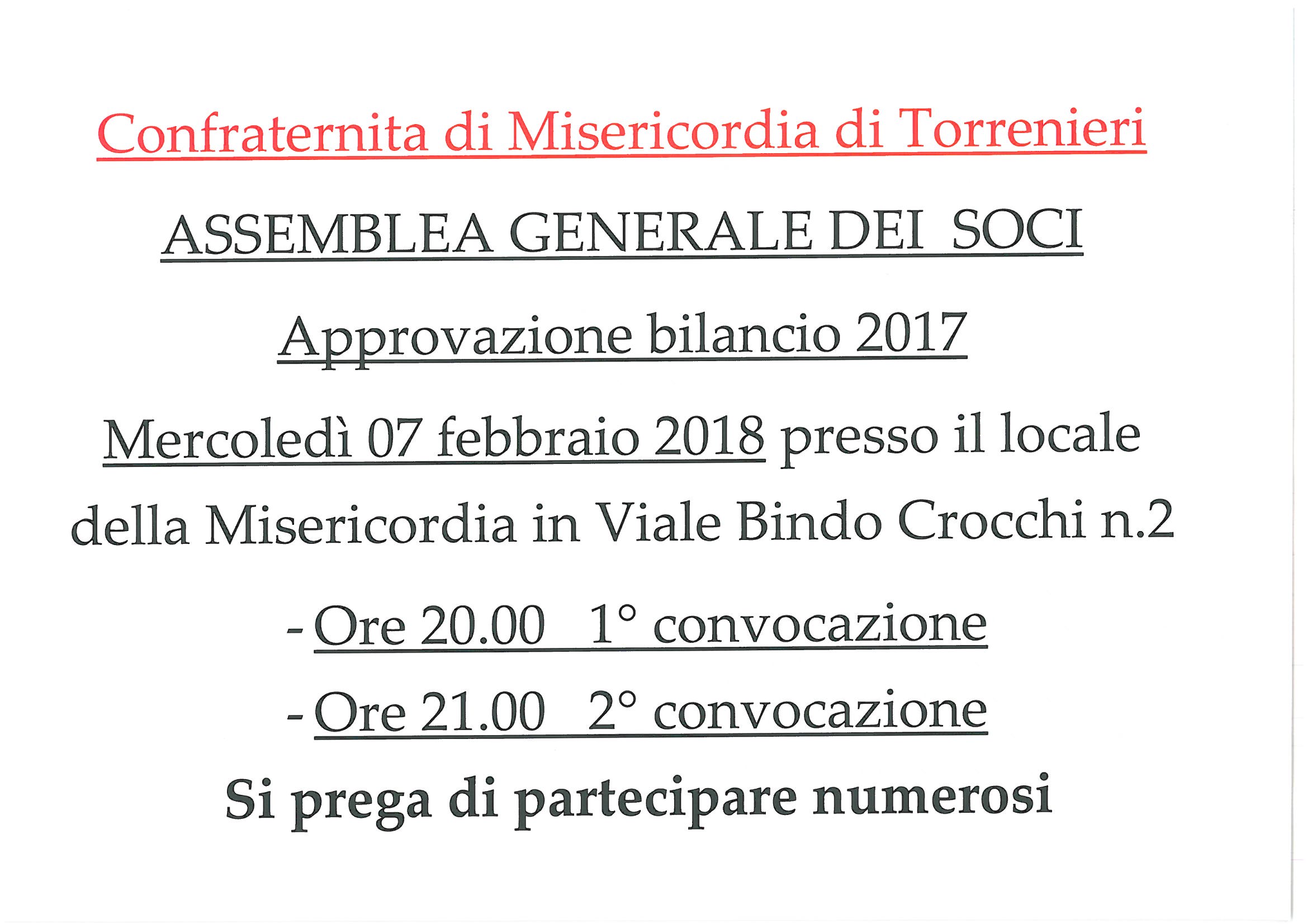 ASSEMBLEA GENERALE SOCI – MERCOLEDI’ 07 FEBBRAIO 2018