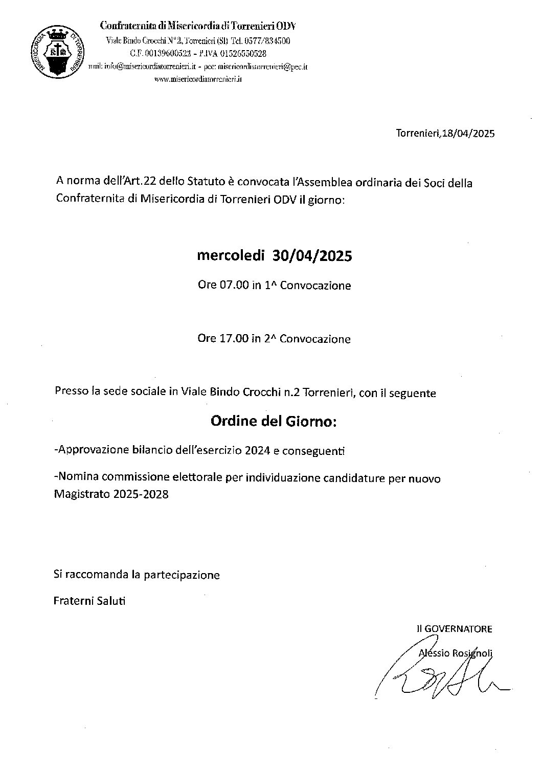 LA CONFRATERNITA DI MISERICORDIA DI TORRENIERI ODV CONVOCA L’ASSEMBLEA ORDINARIA DEI SOCI